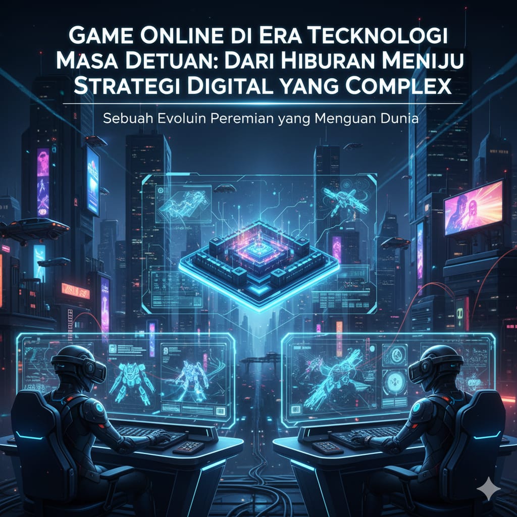 Ilustrasi game online masa depan sebagai permainan strategi digital berbasis teknologi
