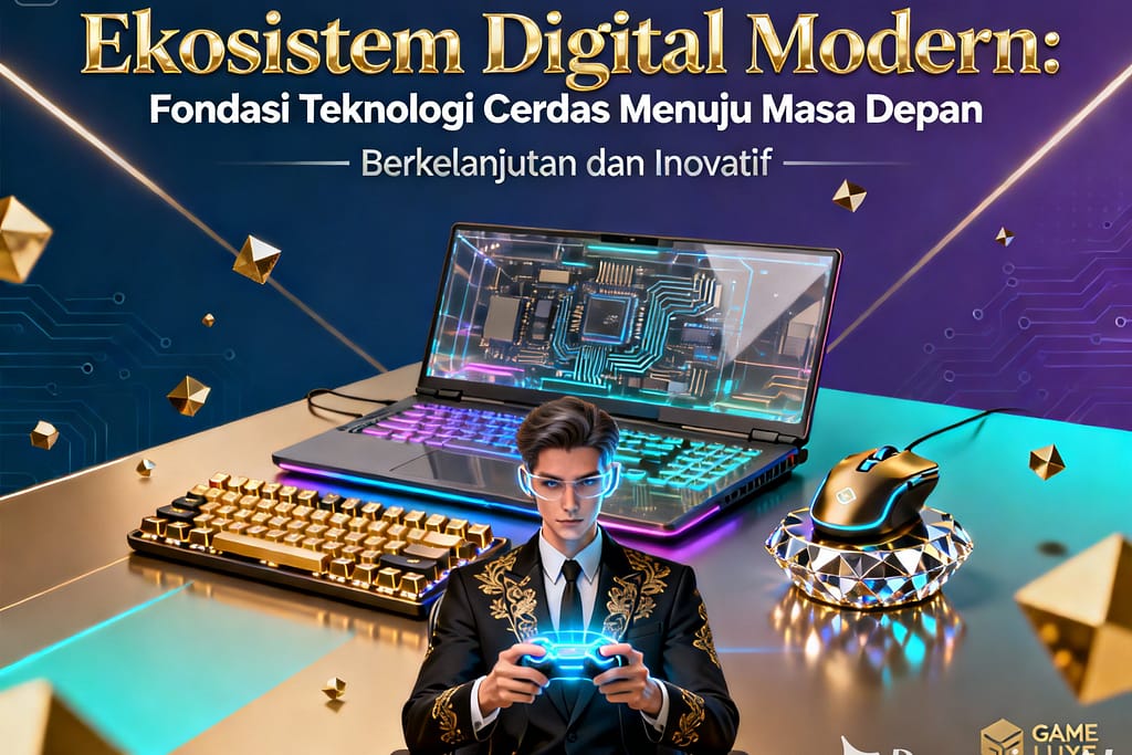 Ekosistem digital modern yang menampilkan teknologi cerdas, AI, dan fondasi inovasi menuju masa depan berkelanjutan