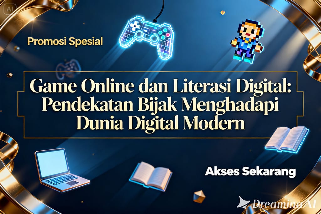 Ilustrasi literasi digital game online di dunia modern dengan konsep edukasi dan teknologi digital
